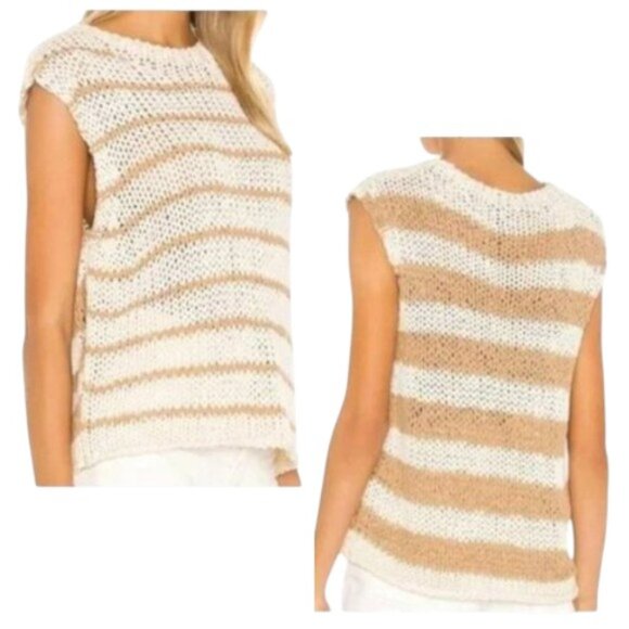 Free People Open Knit Sweater Ivory Tan Stripe Boho XS - Picture 1 of 8